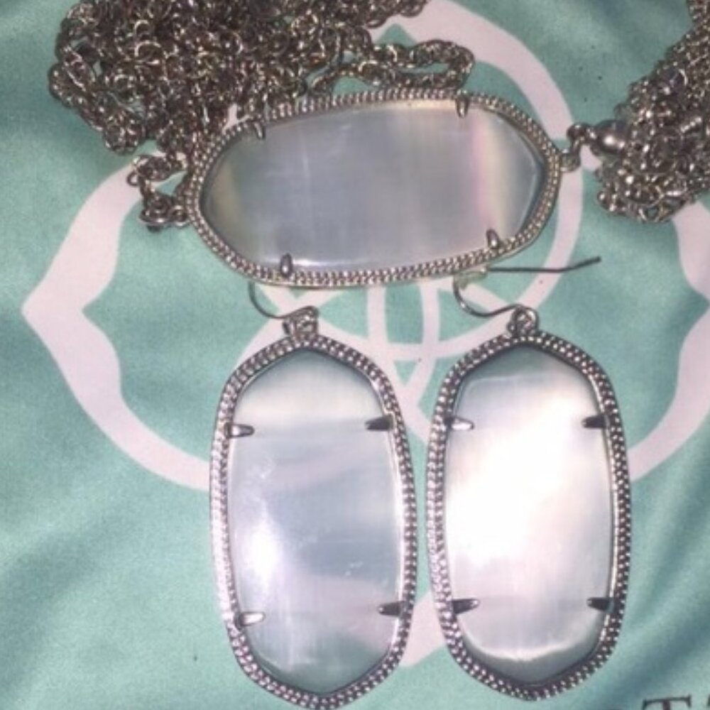 Kendra Scott Elle Silver Drop Earrings In Ivory Mother-Of-Pearl and Necklace New